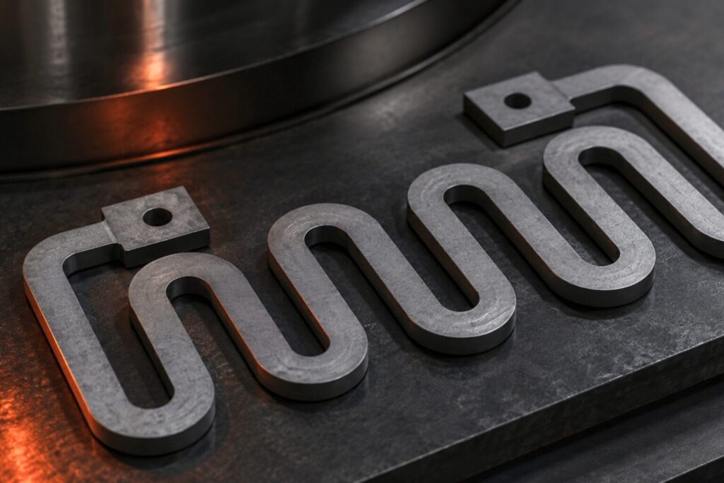 Machined graphite heating element components used in vacuum furnace heat treatment systems.
