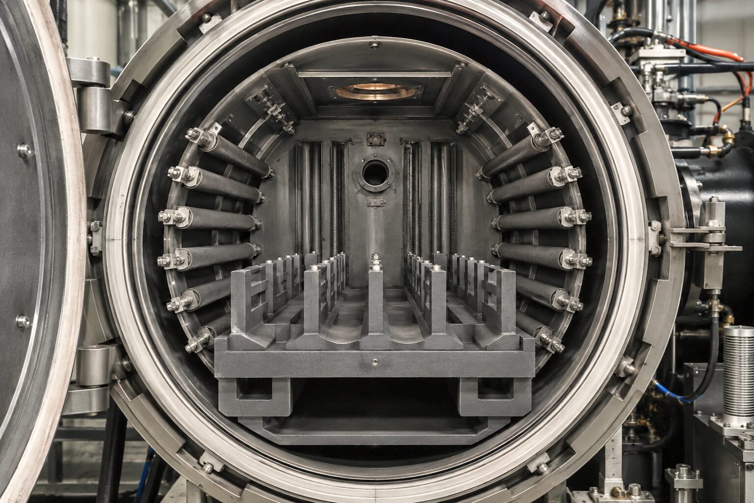 Graphite components installed inside a vacuum furnace for high-temperature heat treatment applications.